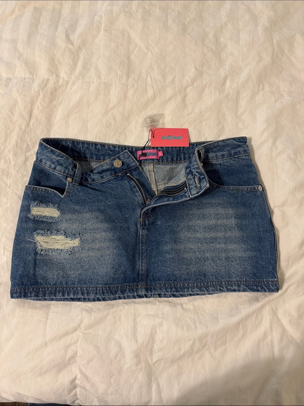 Edikted Blue Distressed Denim Mini Skirt